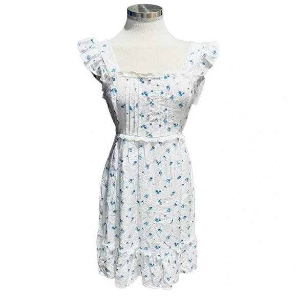 Blu pepper Mini Dress Floral White/Blue Tie on Back Size L NWT - Picture 1 of 8